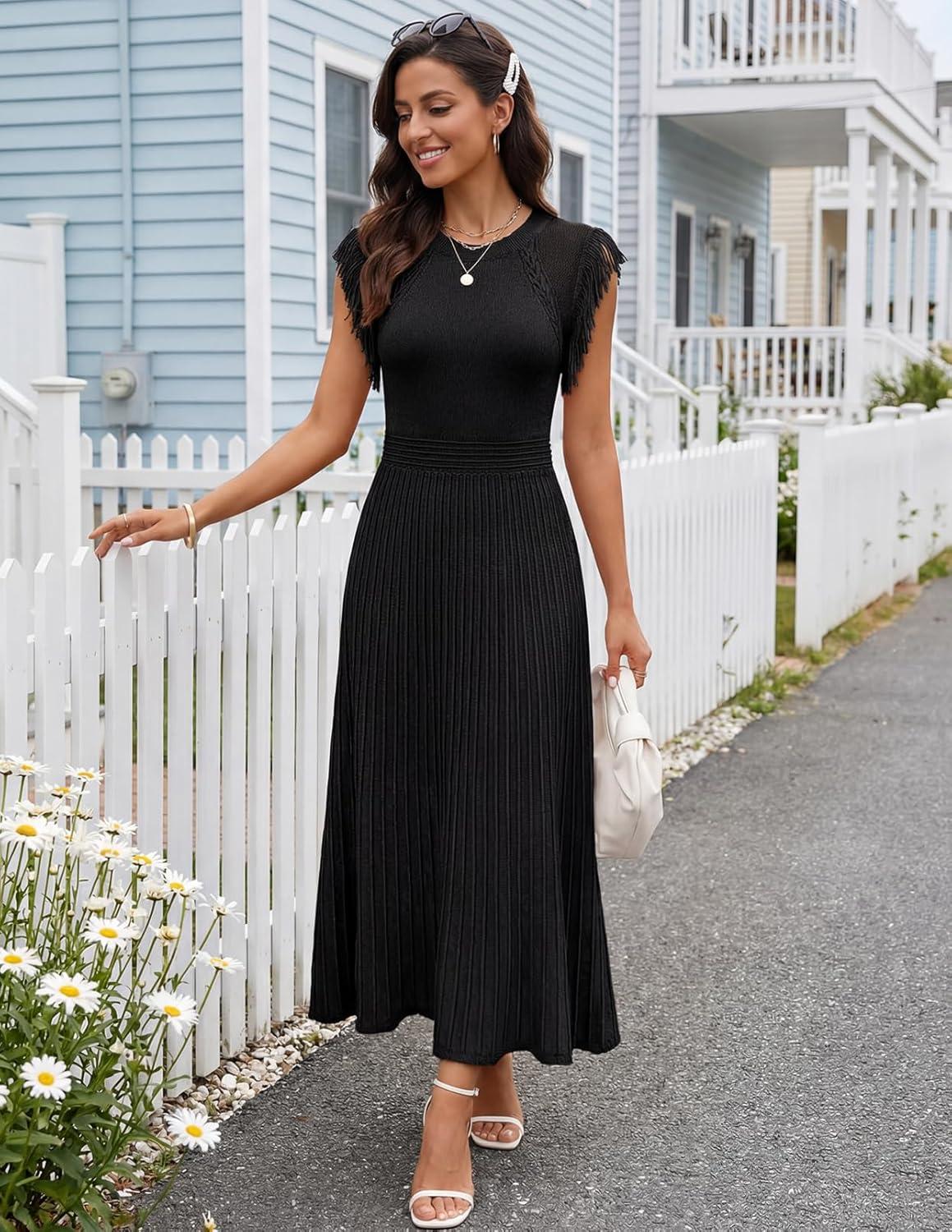 imageMEROKEETY Summer Sleeveless Casual Midi Dress 2026 Spring A Line Fringe Flowy Pleated Business Work DressesBlack