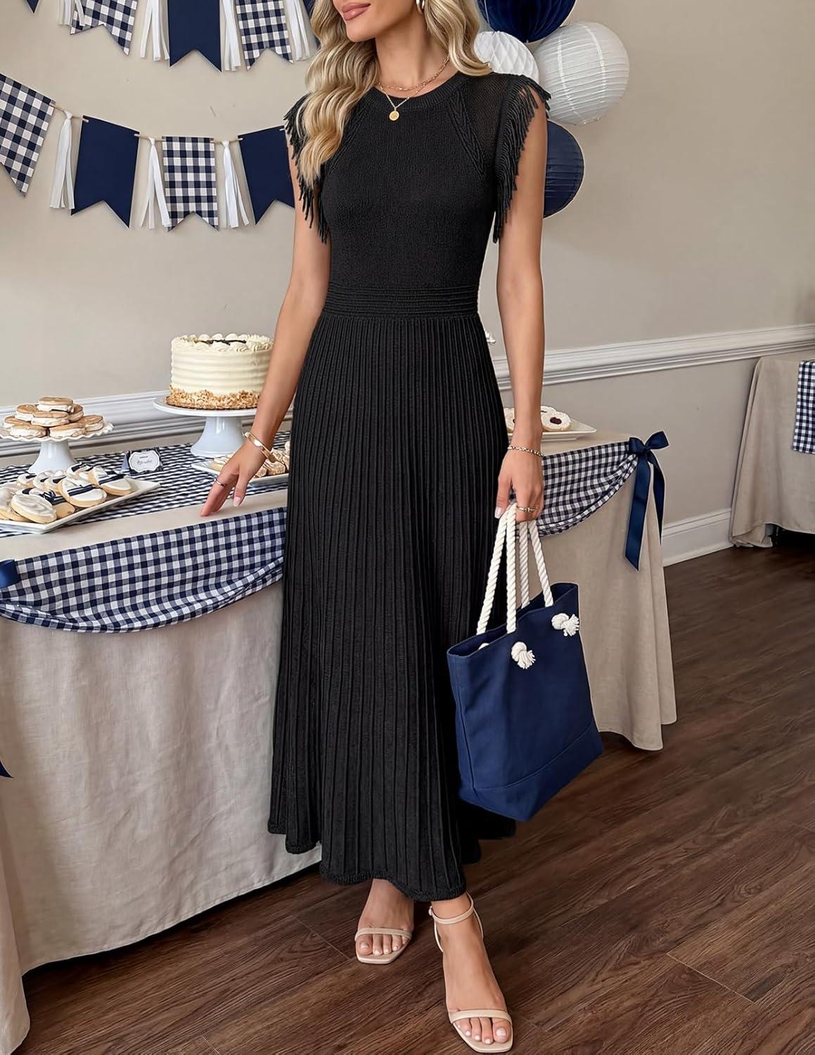 imageMEROKEETY Summer Sleeveless Casual Midi Dress 2026 Spring A Line Fringe Flowy Pleated Business Work DressesBlack