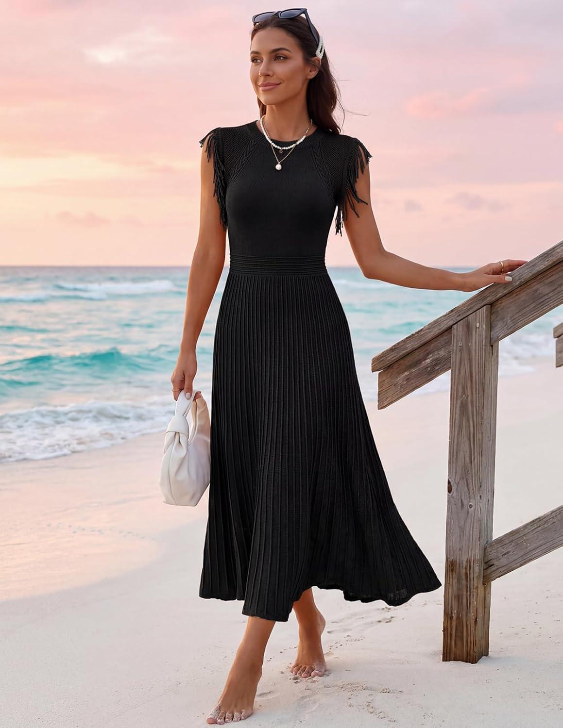 imageMEROKEETY Summer Sleeveless Casual Midi Dress 2026 Spring A Line Fringe Flowy Pleated Business Work DressesBlack