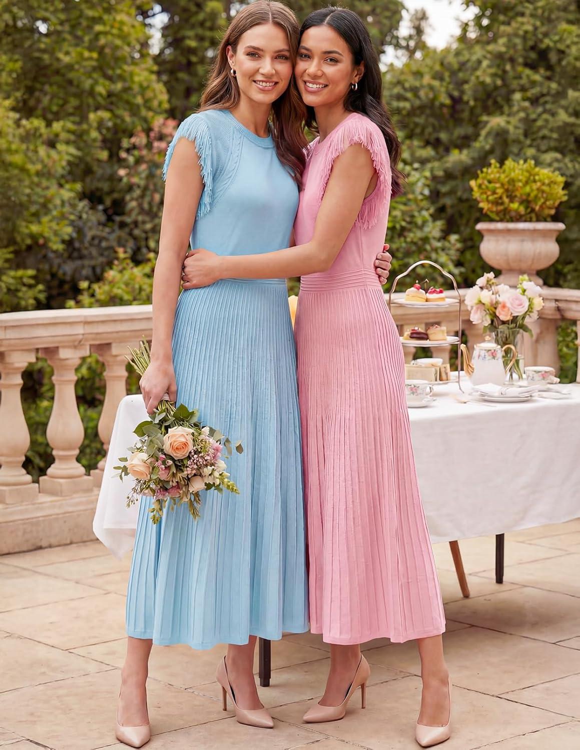 imageMEROKEETY Summer Sleeveless Casual Midi Dress 2026 Spring A Line Fringe Flowy Pleated Business Work DressesBlue