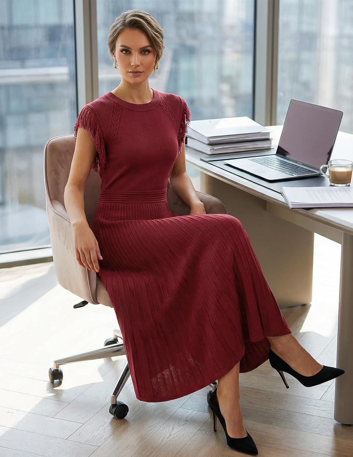 imageMEROKEETY Summer Sleeveless Casual Midi Dress 2026 Spring A Line Fringe Flowy Pleated Business Work DressesWine