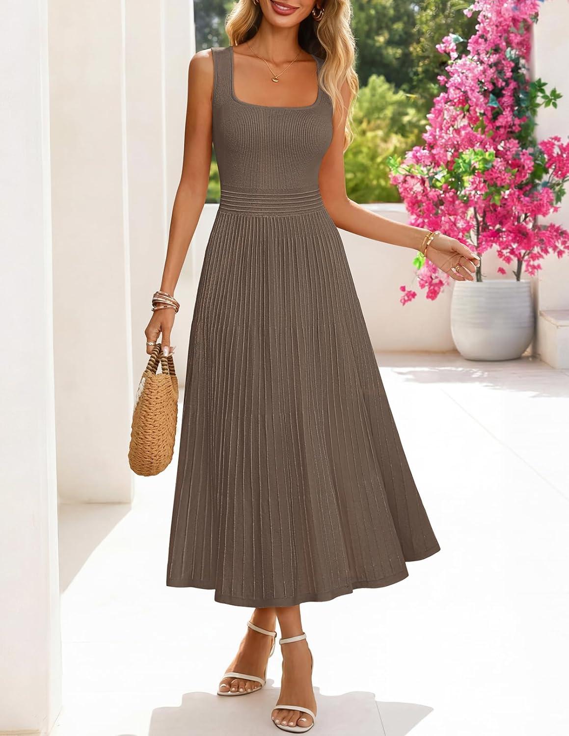 imageMEROKEETY Womens Summer Midi Dress 2026 Spring Sleeveless Pleated A Line Casual Business Work Cocktail Vacation DressesCoffee