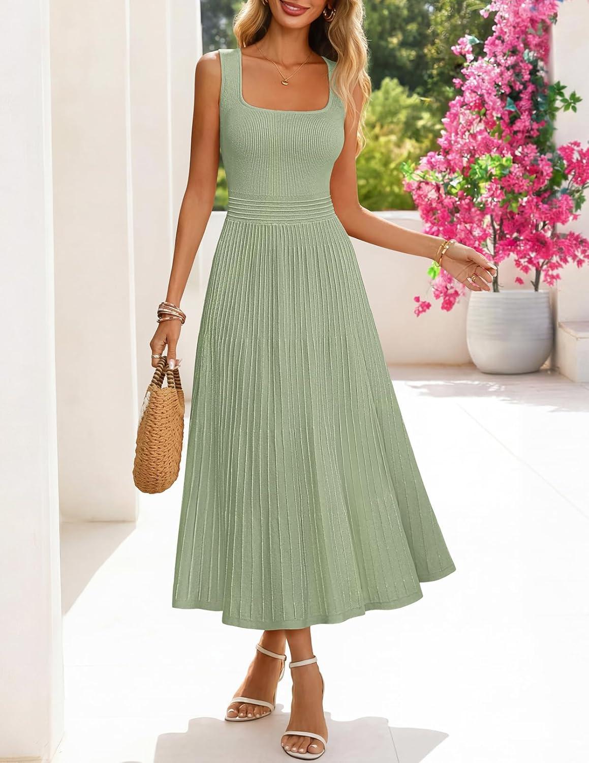 imageMEROKEETY Womens Summer Midi Dress 2026 Spring Sleeveless Pleated A Line Casual Business Work Cocktail Vacation DressesGreen