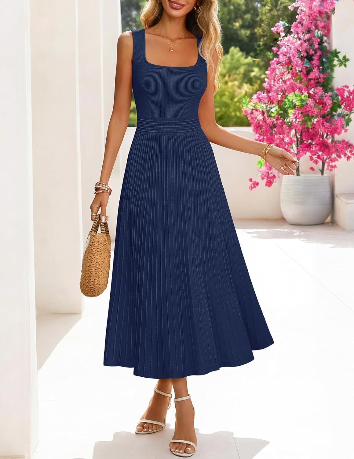 imageMEROKEETY Womens Summer Midi Dress 2026 Spring Sleeveless Pleated A Line Casual Business Work Cocktail Vacation DressesNavy