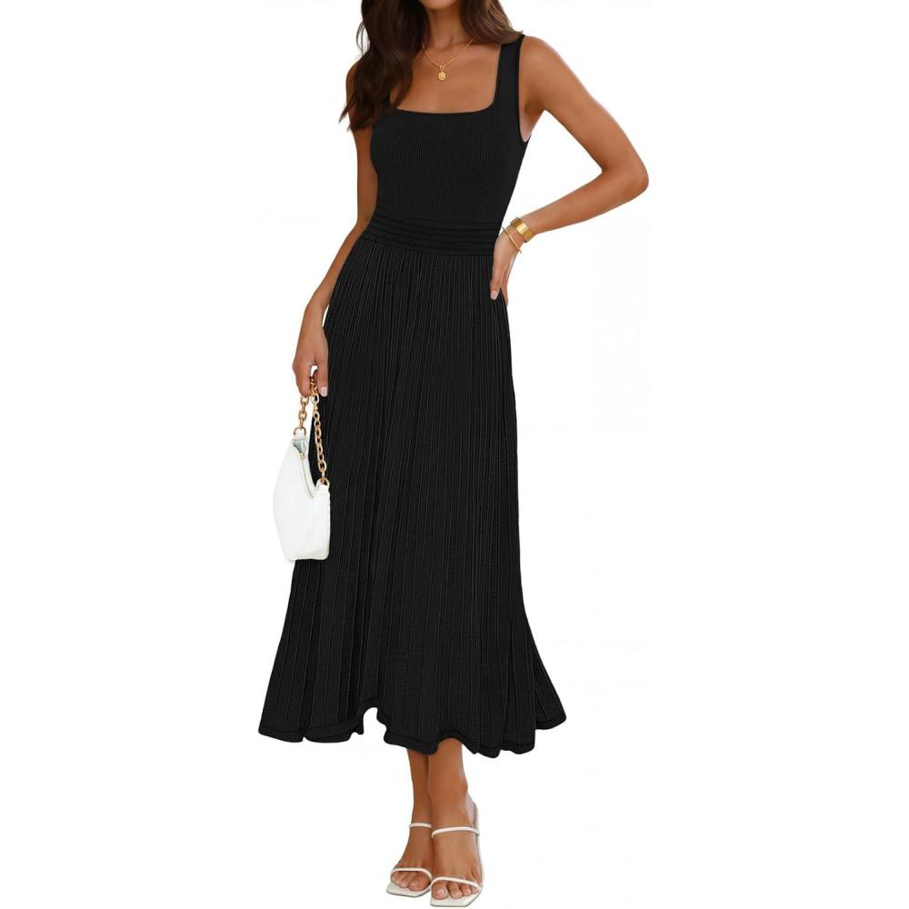 imageMEROKEETY Womens Summer Midi Dress 2026 Spring Sleeveless Pleated A Line Casual Business Work Cocktail Vacation DressesBlack