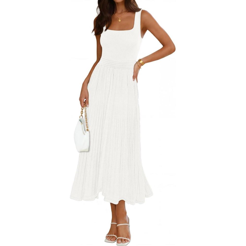 imageMEROKEETY Womens Summer Midi Dress 2026 Spring Sleeveless Pleated A Line Casual Business Work Cocktail Vacation DressesWhite