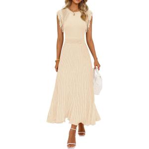 MEROKEETY Summer Sleeveless Casual Midi Dress 2026 Spring A Line Fringe Flowy Pleated Business Work Dresses(Apricot)