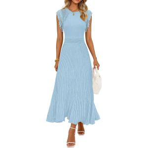 MEROKEETY Summer Sleeveless Casual Midi Dress 2026 Spring A Line Fringe Flowy Pleated Business Work Dresses(Blue)