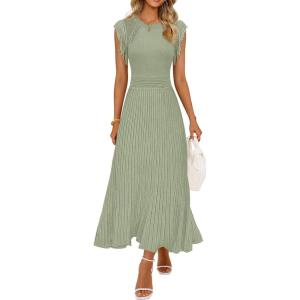 MEROKEETY Summer Sleeveless Casual Midi Dress 2026 Spring A Line Fringe Flowy Pleated Business Work Dresses(Green)