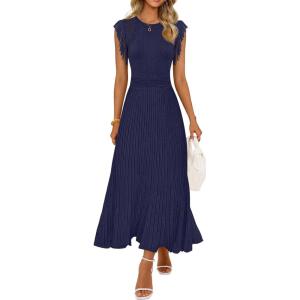MEROKEETY Summer Sleeveless Casual Midi Dress 2026 Spring A Line Fringe Flowy Pleated Business Work Dresses(Navy)