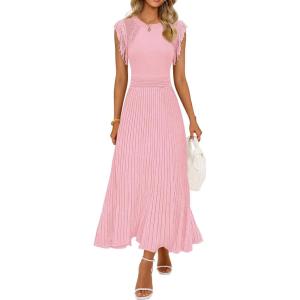 MEROKEETY Summer Sleeveless Casual Midi Dress 2026 Spring A Line Fringe Flowy Pleated Business Work Dresses(Pink)