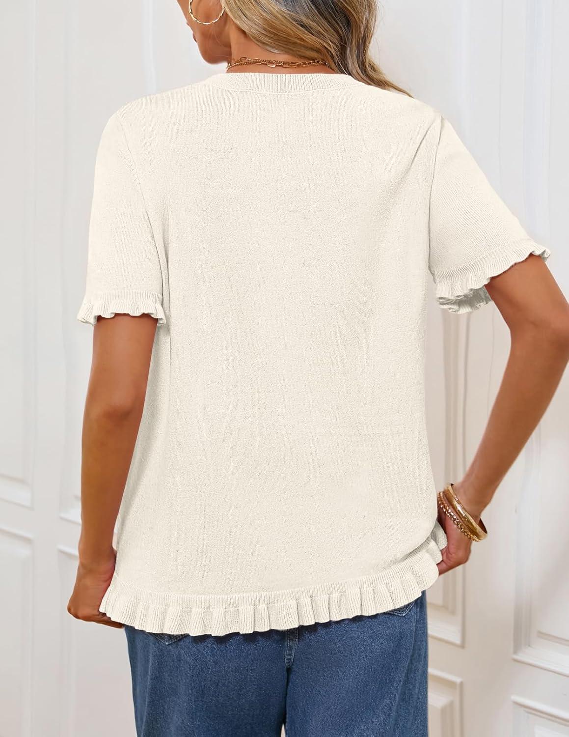 imageMEROKEETY Womens Spring Short Sleeve Sweater 2026 Summer Business Casual Shirt Cute Ruffled Knit Dressy Tops Trendy ClothesBeige