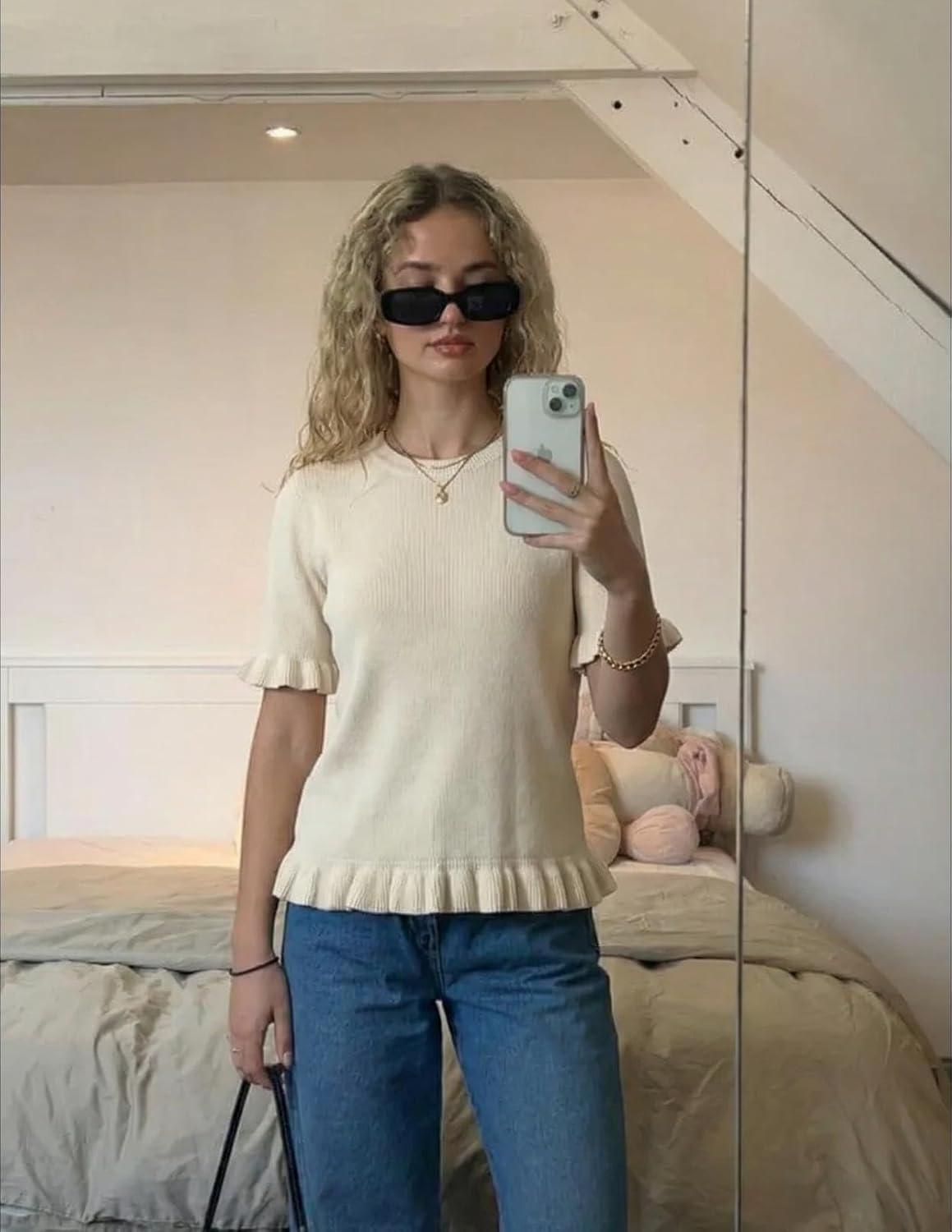 imageMEROKEETY Womens Spring Short Sleeve Sweater 2026 Summer Business Casual Shirt Cute Ruffled Knit Dressy Tops Trendy ClothesBeige