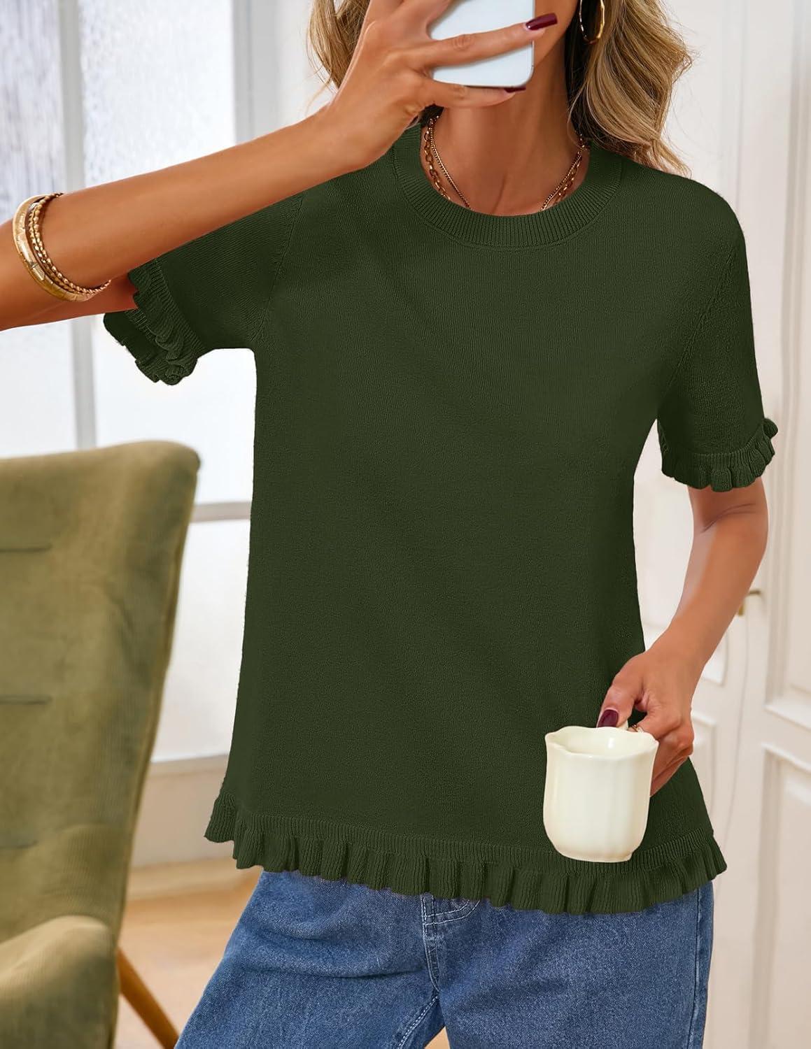 imageMEROKEETY Womens Spring Short Sleeve Sweater 2026 Summer Business Casual Shirt Cute Ruffled Knit Dressy Tops Trendy ClothesGreen
