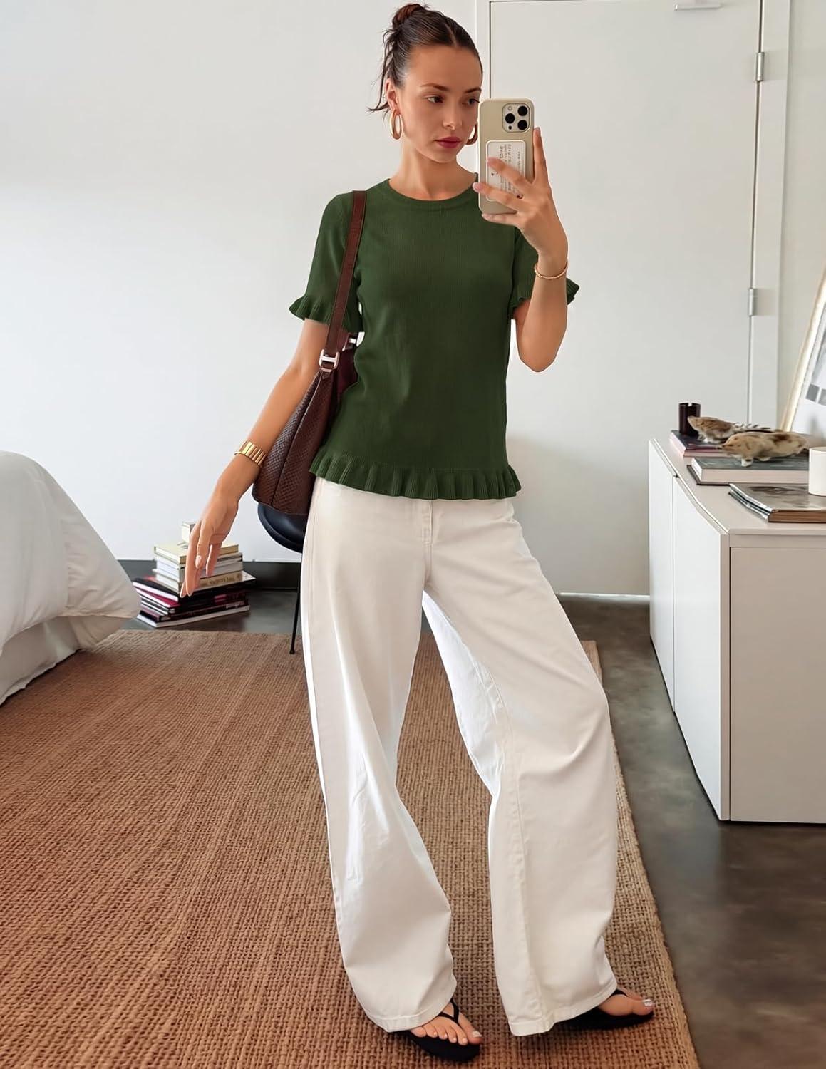 imageMEROKEETY Womens Spring Short Sleeve Sweater 2026 Summer Business Casual Shirt Cute Ruffled Knit Dressy Tops Trendy ClothesGreen