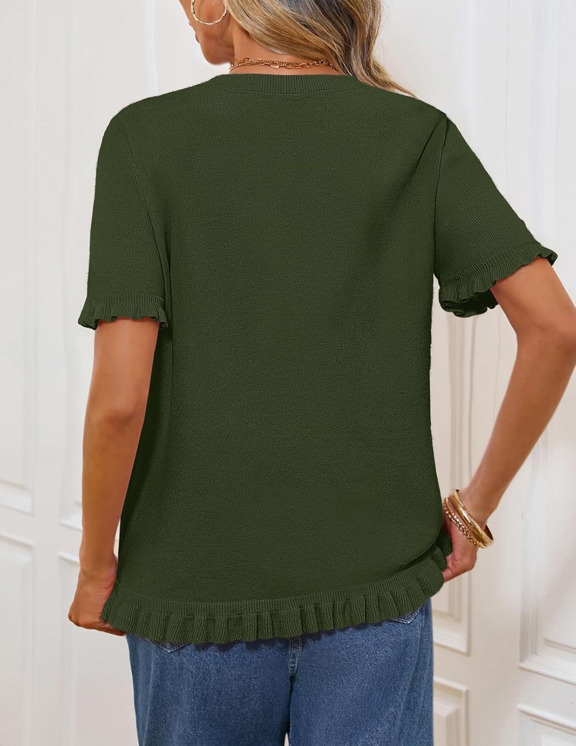 imageMEROKEETY Womens Spring Short Sleeve Sweater 2026 Summer Business Casual Shirt Cute Ruffled Knit Dressy Tops Trendy ClothesGreen