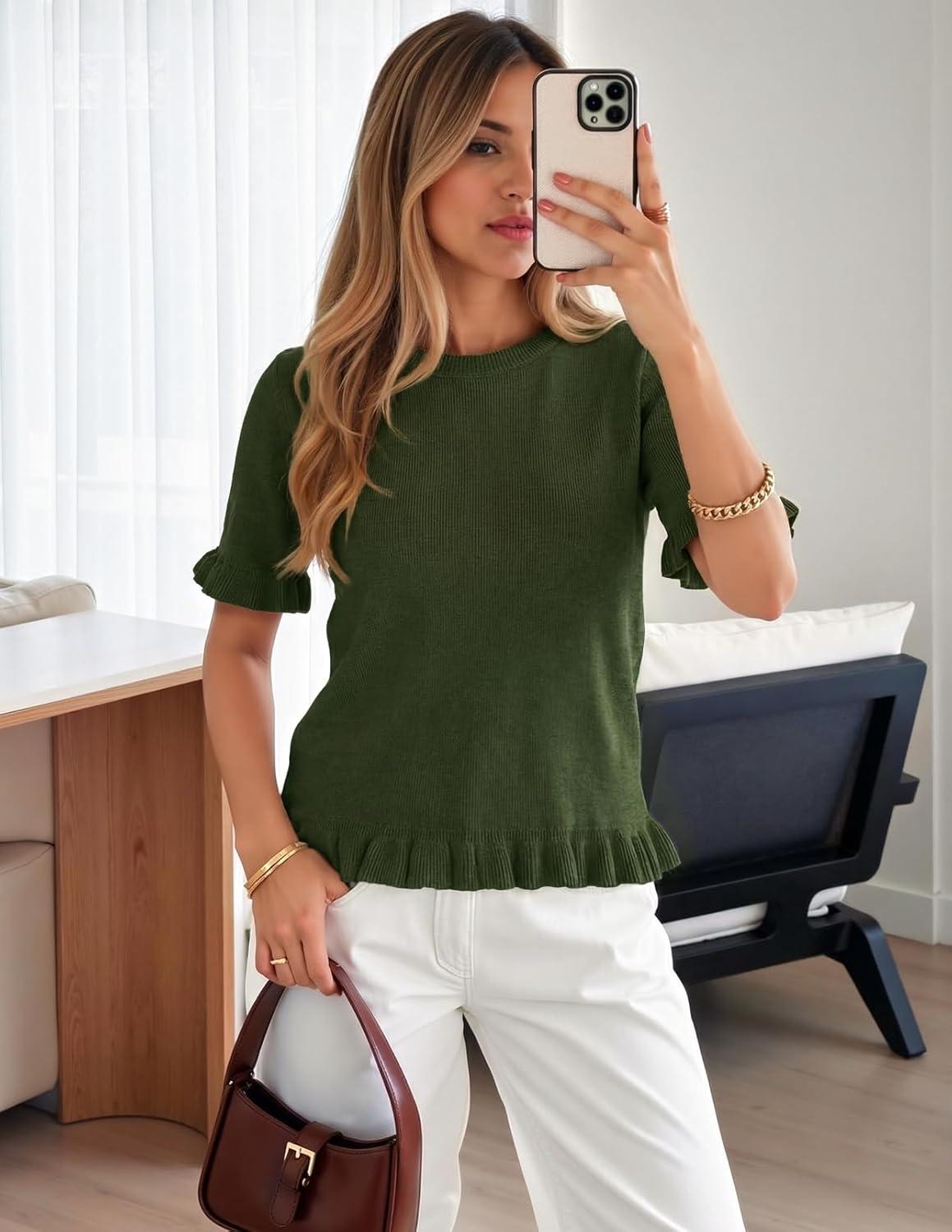 imageMEROKEETY Womens Spring Short Sleeve Sweater 2026 Summer Business Casual Shirt Cute Ruffled Knit Dressy Tops Trendy ClothesGreen