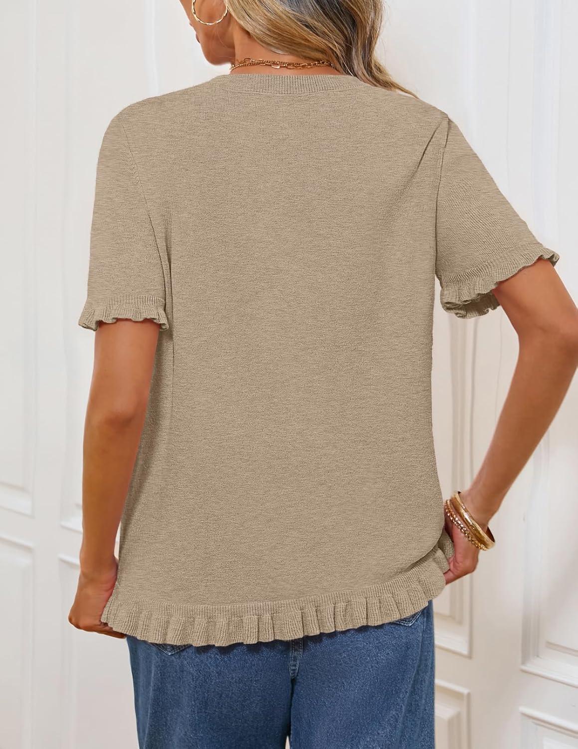 imageMEROKEETY Womens Spring Short Sleeve Sweater 2026 Summer Business Casual Shirt Cute Ruffled Knit Dressy Tops Trendy ClothesKhaki