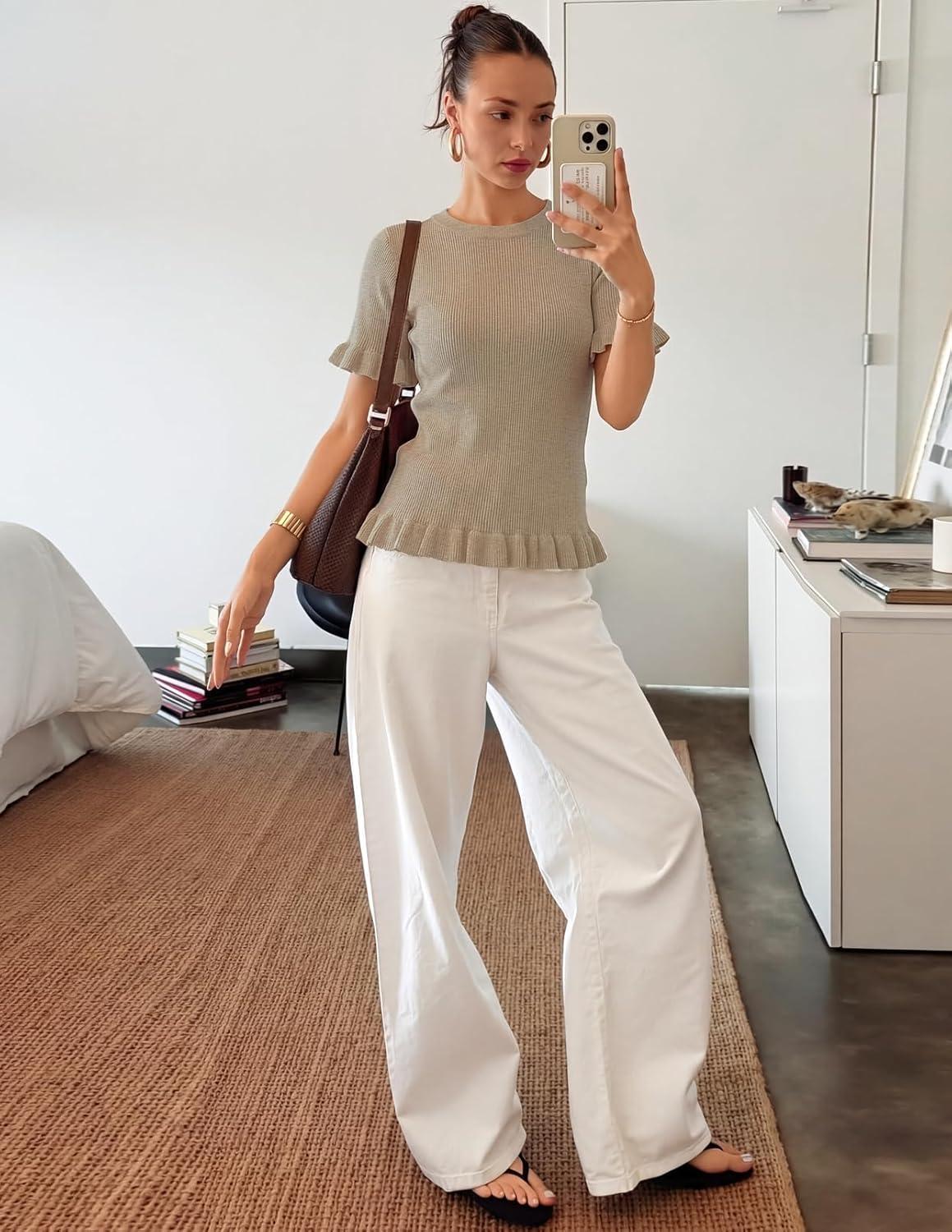 imageMEROKEETY Womens Spring Short Sleeve Sweater 2026 Summer Business Casual Shirt Cute Ruffled Knit Dressy Tops Trendy ClothesKhaki