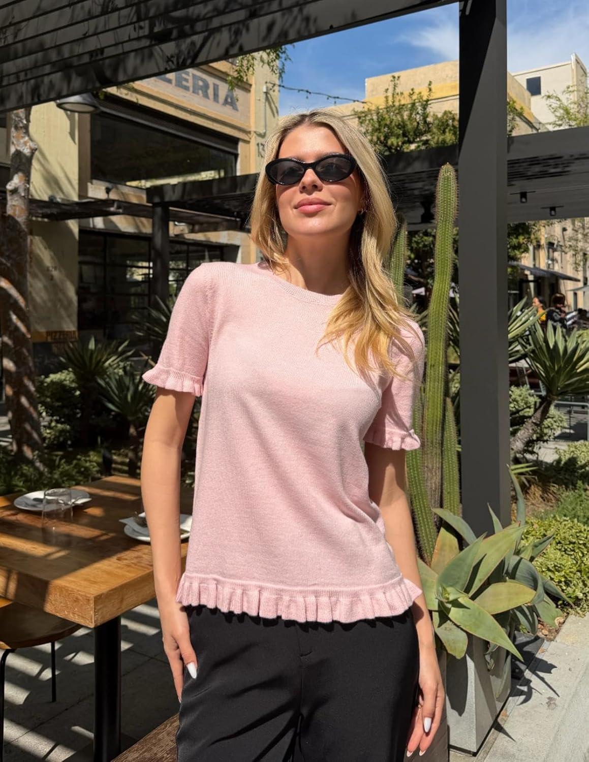 imageMEROKEETY Womens Spring Short Sleeve Sweater 2026 Summer Business Casual Shirt Cute Ruffled Knit Dressy Tops Trendy ClothesPink