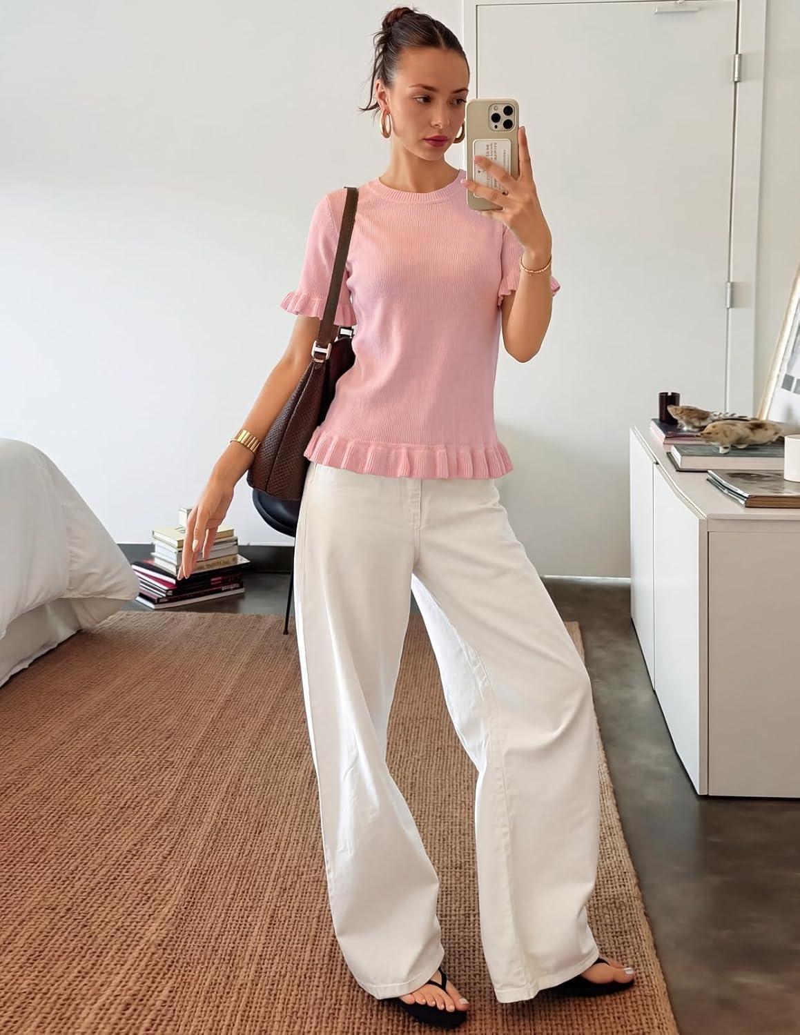 imageMEROKEETY Womens Spring Short Sleeve Sweater 2026 Summer Business Casual Shirt Cute Ruffled Knit Dressy Tops Trendy ClothesPink