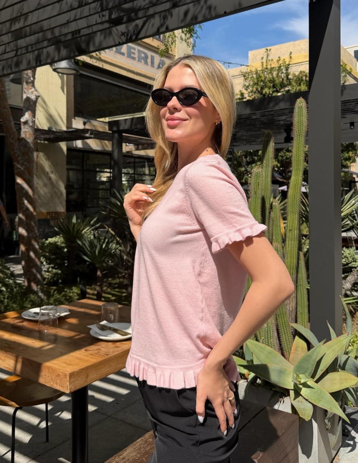 imageMEROKEETY Womens Spring Short Sleeve Sweater 2026 Summer Business Casual Shirt Cute Ruffled Knit Dressy Tops Trendy ClothesPink