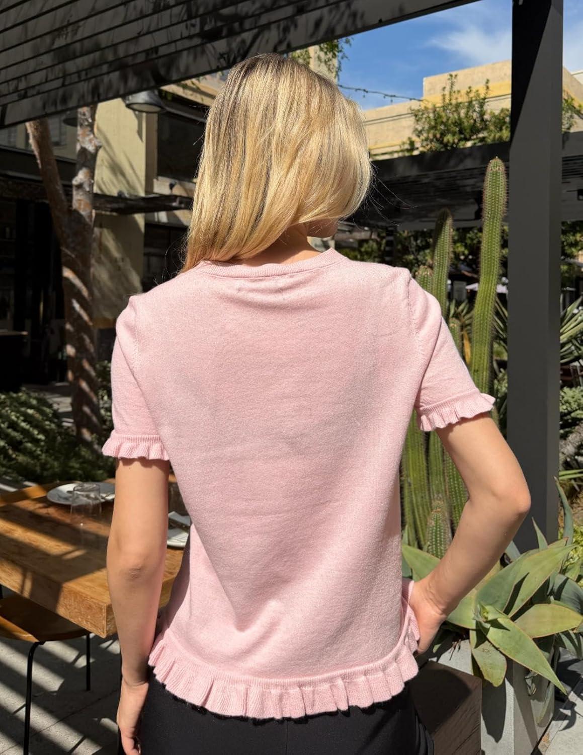 imageMEROKEETY Womens Spring Short Sleeve Sweater 2026 Summer Business Casual Shirt Cute Ruffled Knit Dressy Tops Trendy ClothesPink