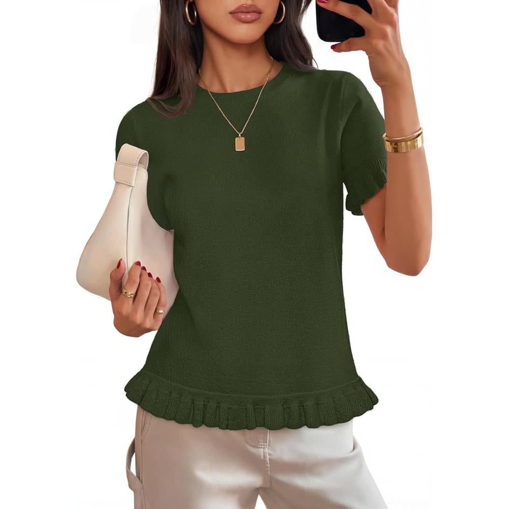 imageMEROKEETY Womens Spring Short Sleeve Sweater 2026 Summer Business Casual Shirt Cute Ruffled Knit Dressy Tops Trendy ClothesGreen