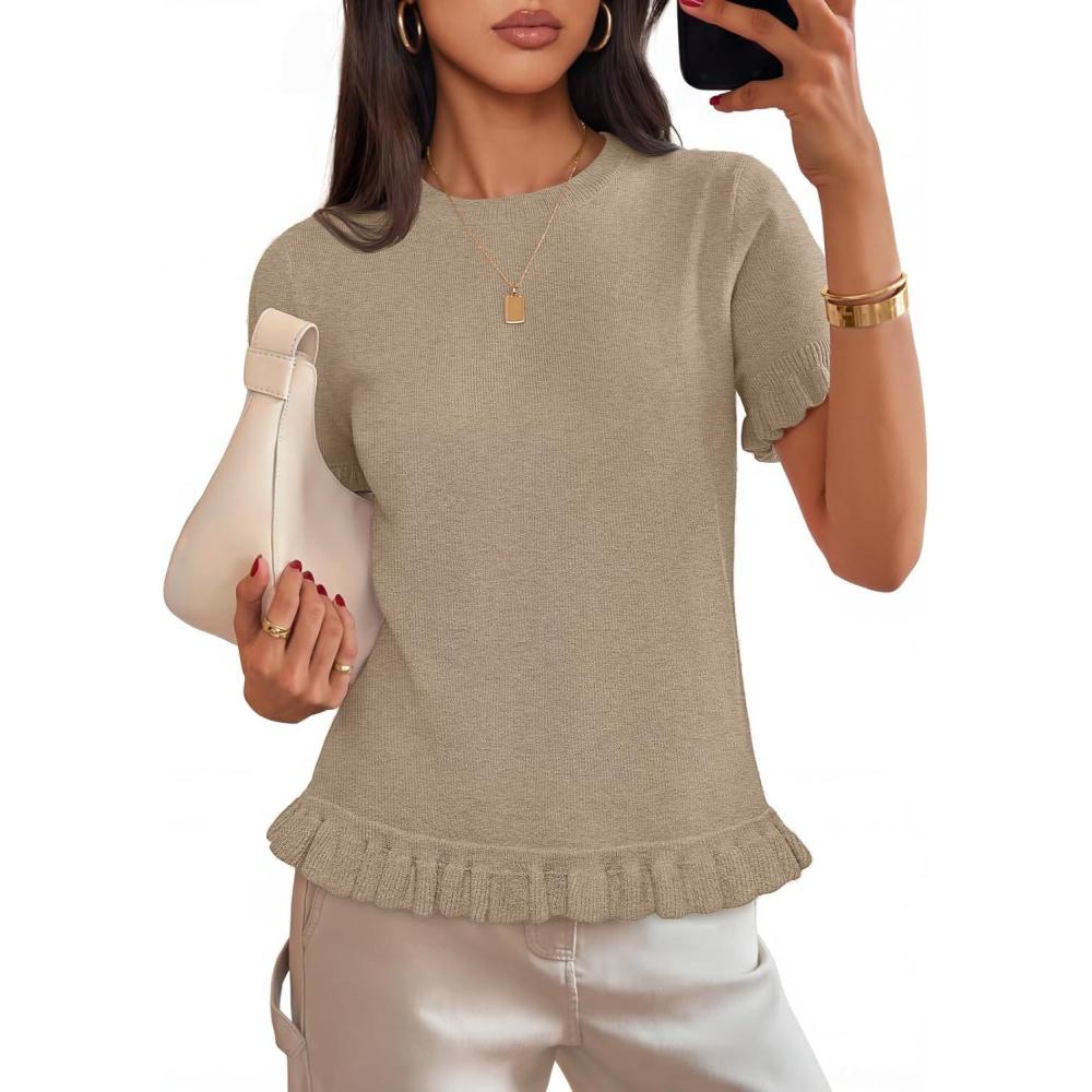 imageMEROKEETY Womens Spring Short Sleeve Sweater 2026 Summer Business Casual Shirt Cute Ruffled Knit Dressy Tops Trendy ClothesKhaki