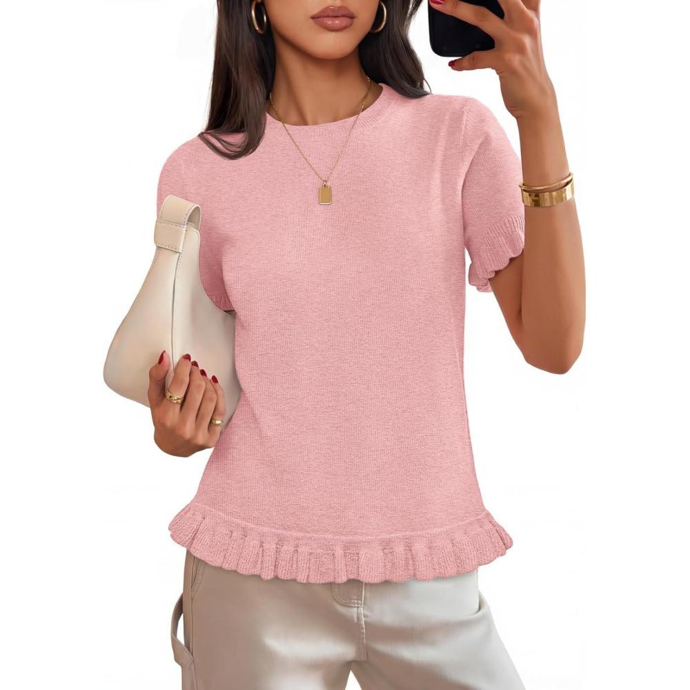imageMEROKEETY Womens Spring Short Sleeve Sweater 2026 Summer Business Casual Shirt Cute Ruffled Knit Dressy Tops Trendy ClothesPink
