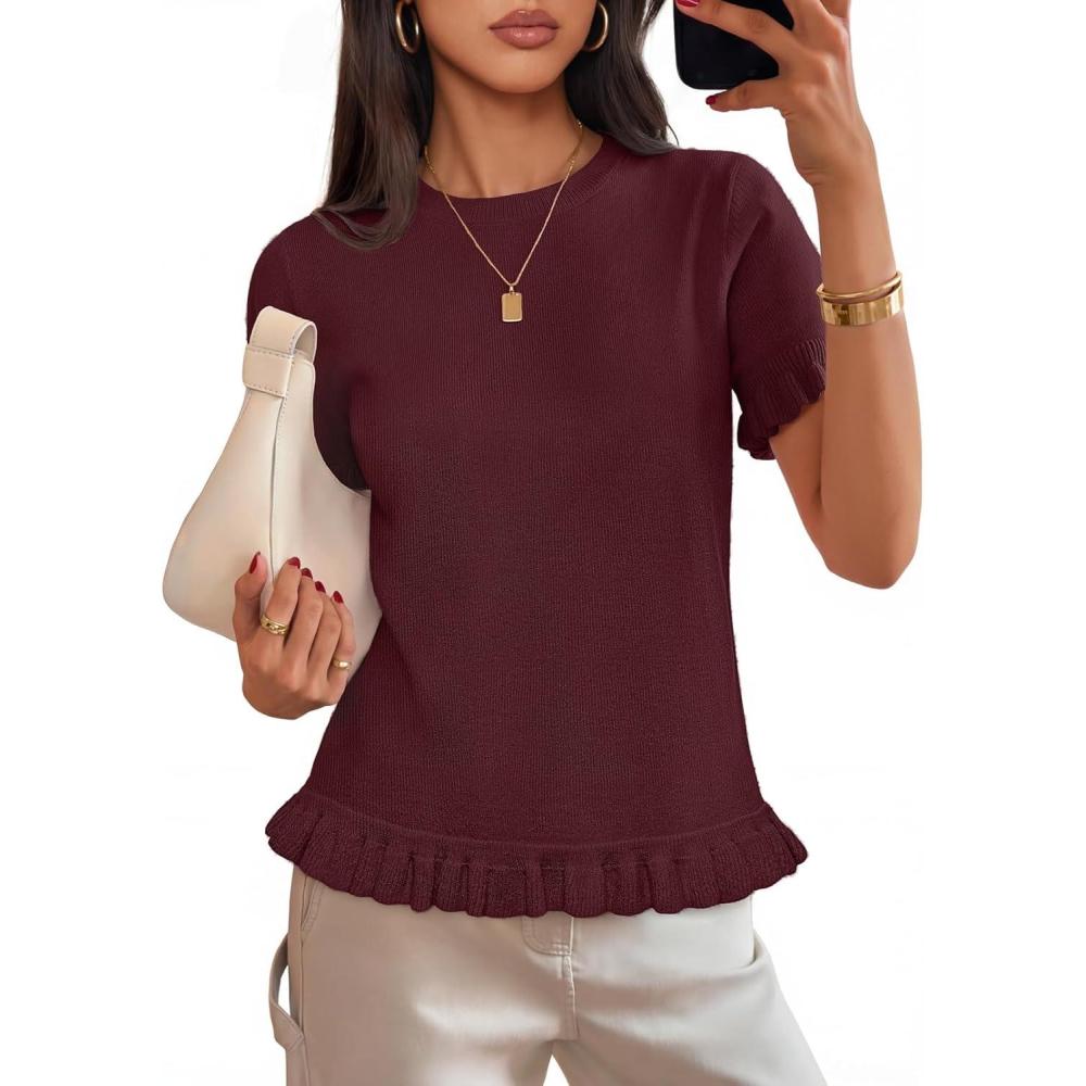 imageMEROKEETY Womens Spring Short Sleeve Sweater 2026 Summer Business Casual Shirt Cute Ruffled Knit Dressy Tops Trendy ClothesWine