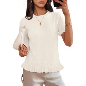 MEROKEETY Women’s Spring Short Sleeve Sweater 2026 Summer Business Casual Shirt Cute Ruffled Knit Dressy Tops Trendy Clothes(Beige)