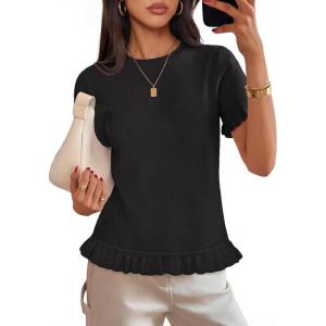 MEROKEETY Women’s Spring Short Sleeve Sweater 2026 Summer Business Casual Shirt Cute Ruffled Knit Dressy Tops Trendy Clothes(Black)