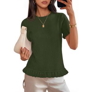 MEROKEETY Women’s Spring Short Sleeve Sweater 2026 Summer Business Casual Shirt Cute Ruffled Knit Dressy Tops Trendy Clothes(Green)