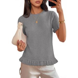 MEROKEETY Women’s Spring Short Sleeve Sweater 2026 Summer Business Casual Shirt Cute Ruffled Knit Dressy Tops Trendy Clothes(Grey)