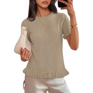 MEROKEETY Women’s Spring Short Sleeve Sweater 2026 Summer Business Casual Shirt Cute Ruffled Knit Dressy Tops Trendy Clothes(Khaki)
