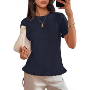 MEROKEETY Women’s Spring Short Sleeve Sweater 2026 Summer Business Casual Shirt Cute Ruffled Knit Dressy Tops Trendy Clothes(Navy)