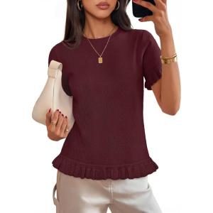 MEROKEETY Women’s Spring Short Sleeve Sweater 2026 Summer Business Casual Shirt Cute Ruffled Knit Dressy Tops Trendy Clothes(Wine)