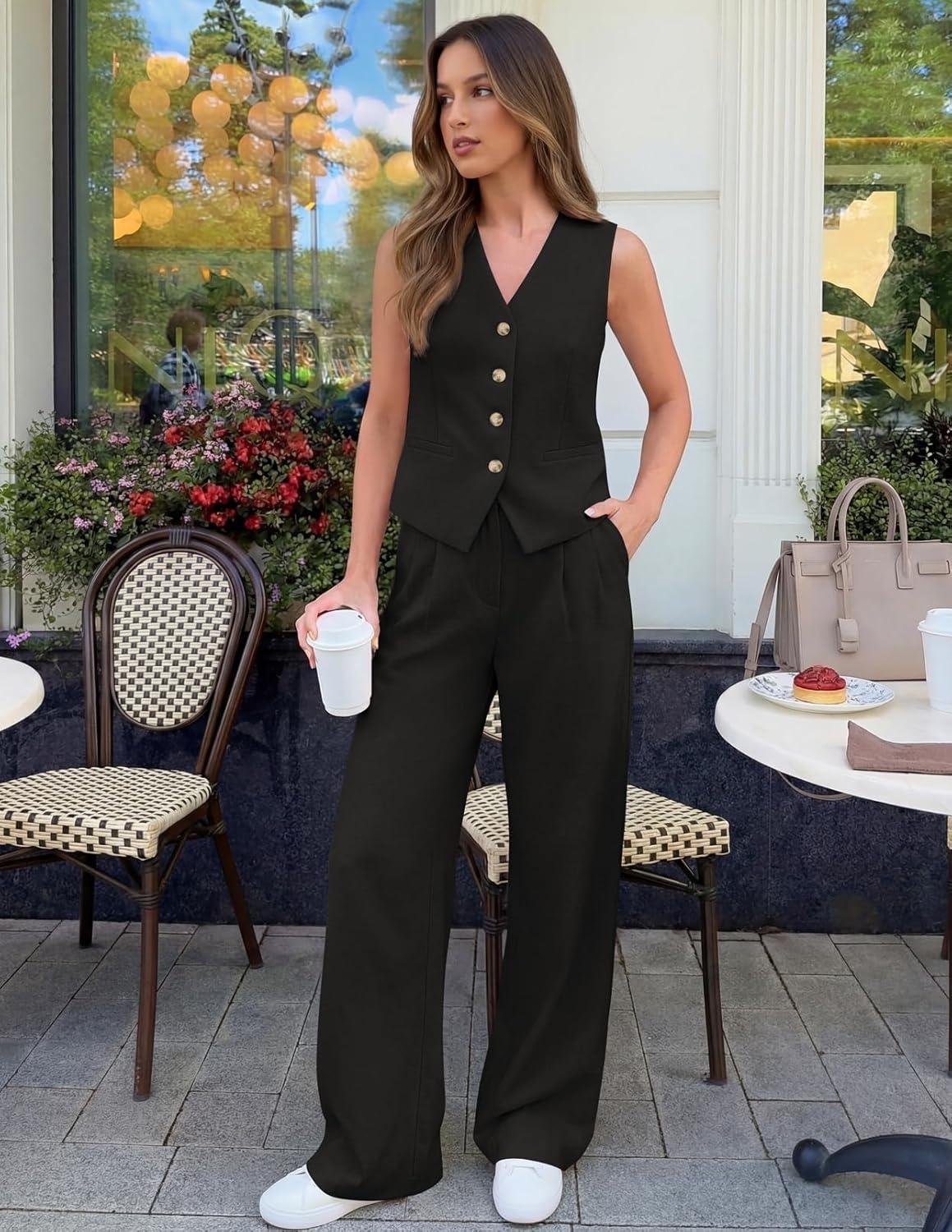 imageMEROKEETY Womens 2 Piece Outfits Summer 2026 Sleeveless Suit Vest Wide Leg Pants Business Work Casual Blazer SetsBlack