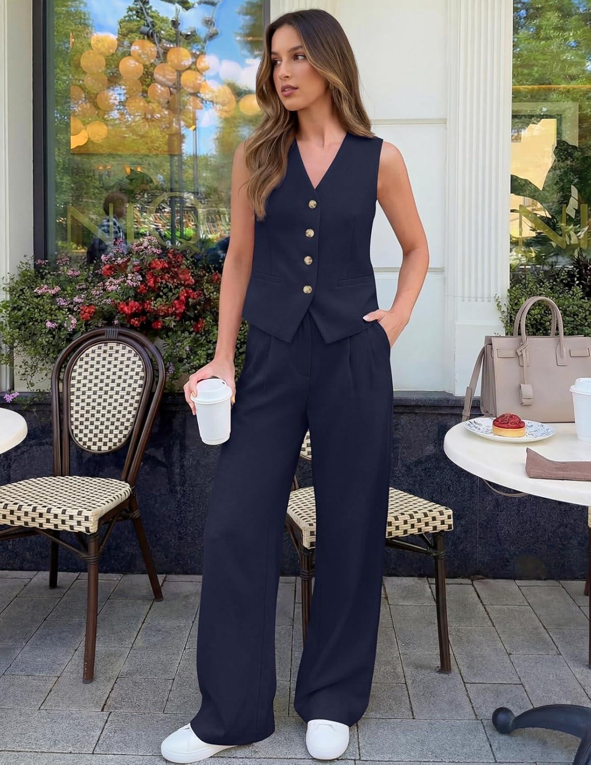 imageMEROKEETY Womens 2 Piece Outfits Summer 2026 Sleeveless Suit Vest Wide Leg Pants Business Work Casual Blazer SetsNavy