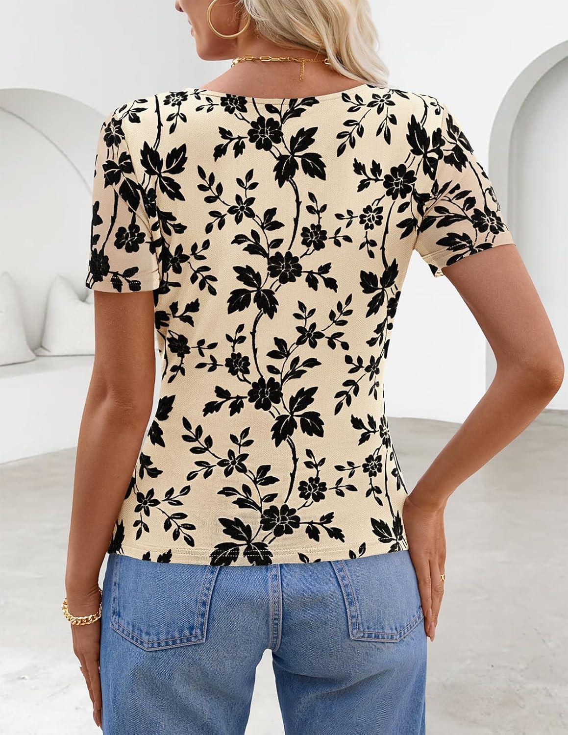 imageMEROKEETY Womens 2026 Summer Short Sleeve Floral Mesh Top Dressy Casual Crewneck Ruched Fitted T Shirt Blouse Spring ClothesApricot