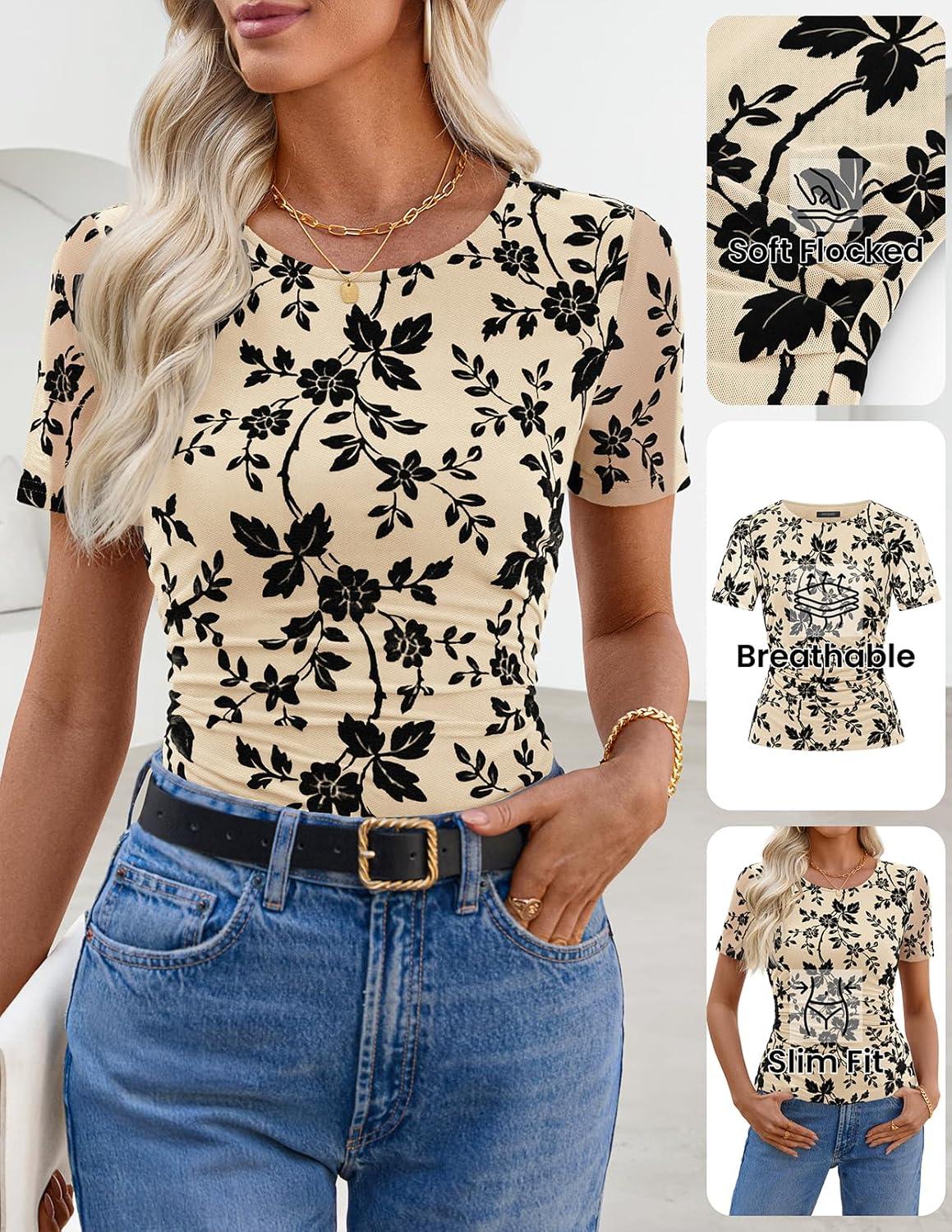 imageMEROKEETY Womens 2026 Summer Short Sleeve Floral Mesh Top Dressy Casual Crewneck Ruched Fitted T Shirt Blouse Spring ClothesApricot