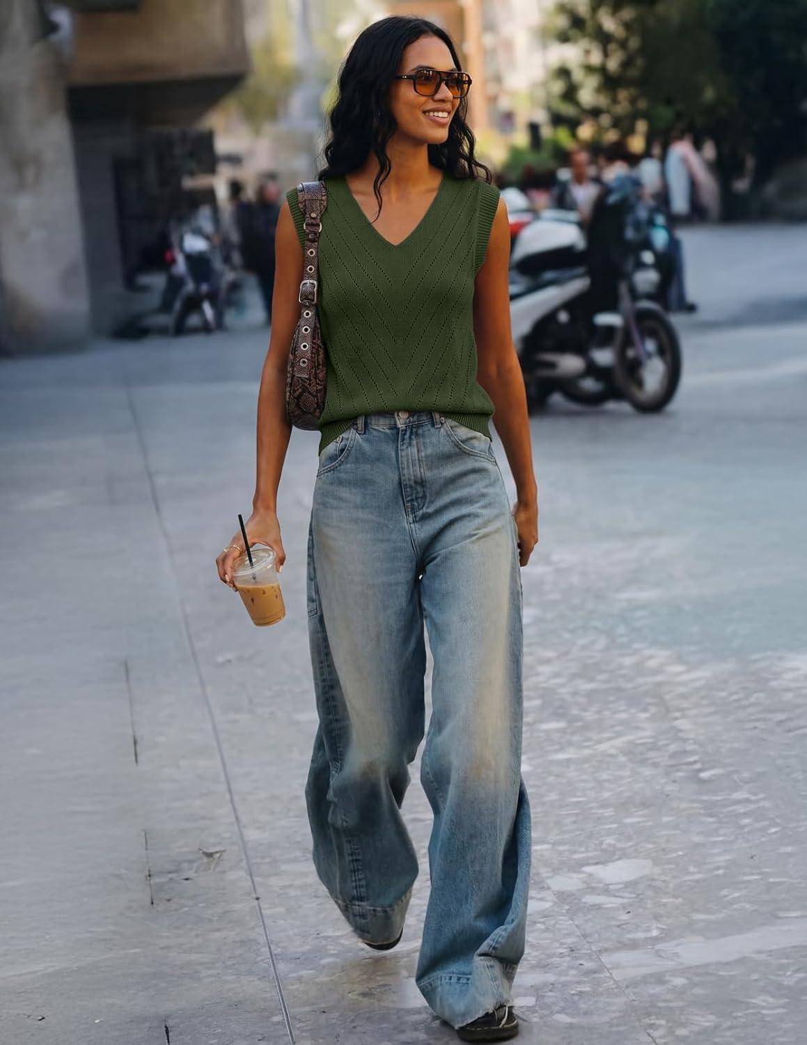 imageMEROKEETY Womens Spring Sweater Vest 2026 Summer V Neck Sleeveless Knit Tank Top Business Casual Work Outfit Fashion ClothesArmy Green