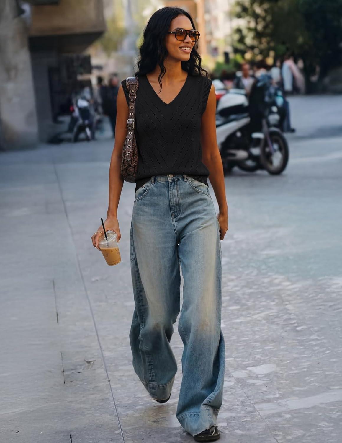 imageMEROKEETY Womens Spring Sweater Vest 2026 Summer V Neck Sleeveless Knit Tank Top Business Casual Work Outfit Fashion ClothesBlack