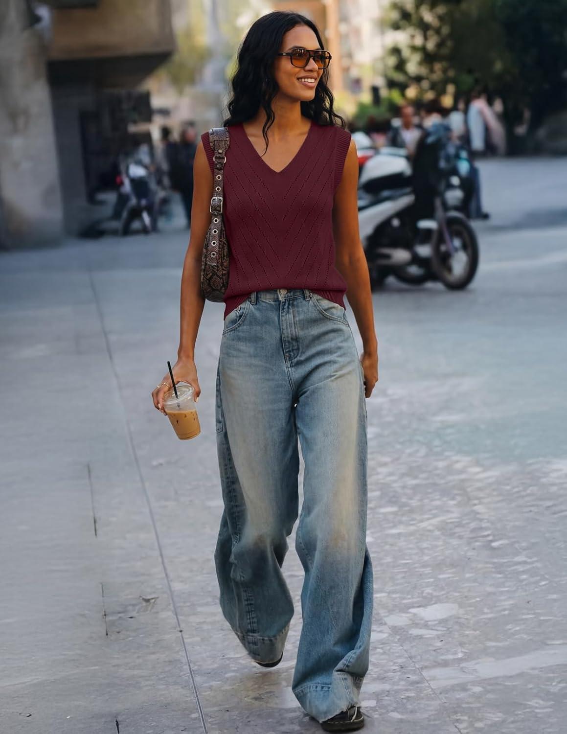 imageMEROKEETY Womens Spring Sweater Vest 2026 Summer V Neck Sleeveless Knit Tank Top Business Casual Work Outfit Fashion ClothesWine Red