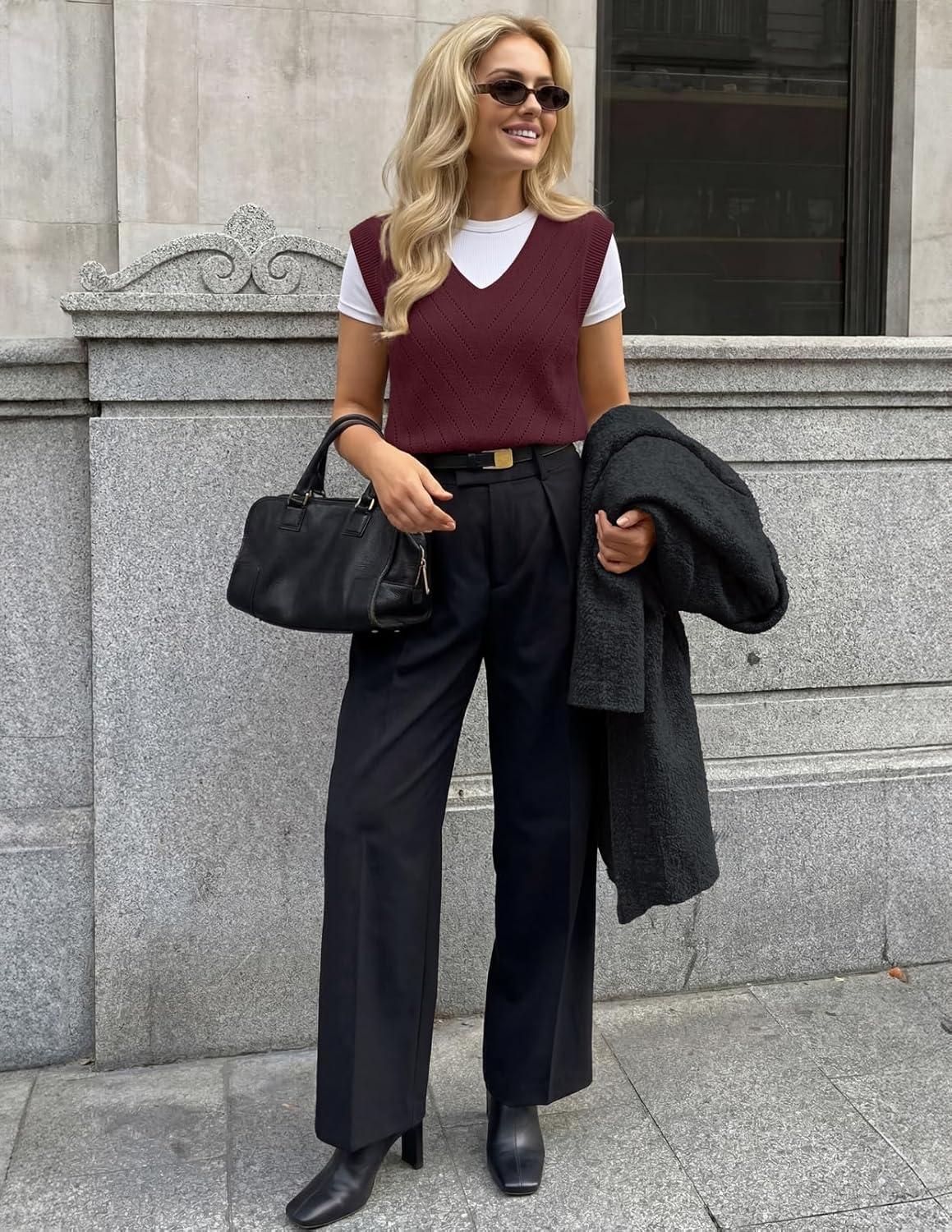 imageMEROKEETY Womens Spring Sweater Vest 2026 Summer V Neck Sleeveless Knit Tank Top Business Casual Work Outfit Fashion ClothesWine Red