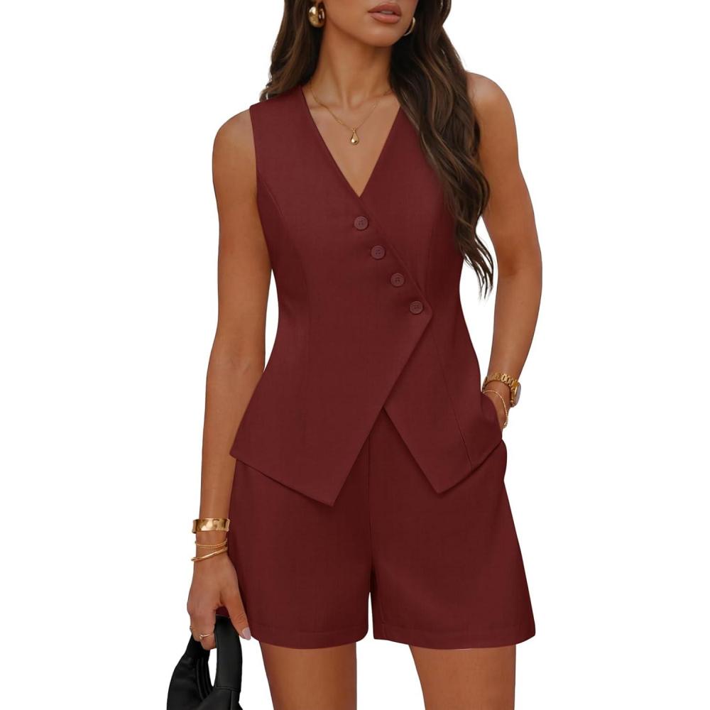 imageMEROKEETY Womens 2026 Summer 2 Piece Suit Sets Sleeveless V Neck Button Vest Outfits Business Blazer Short Matching SetWine