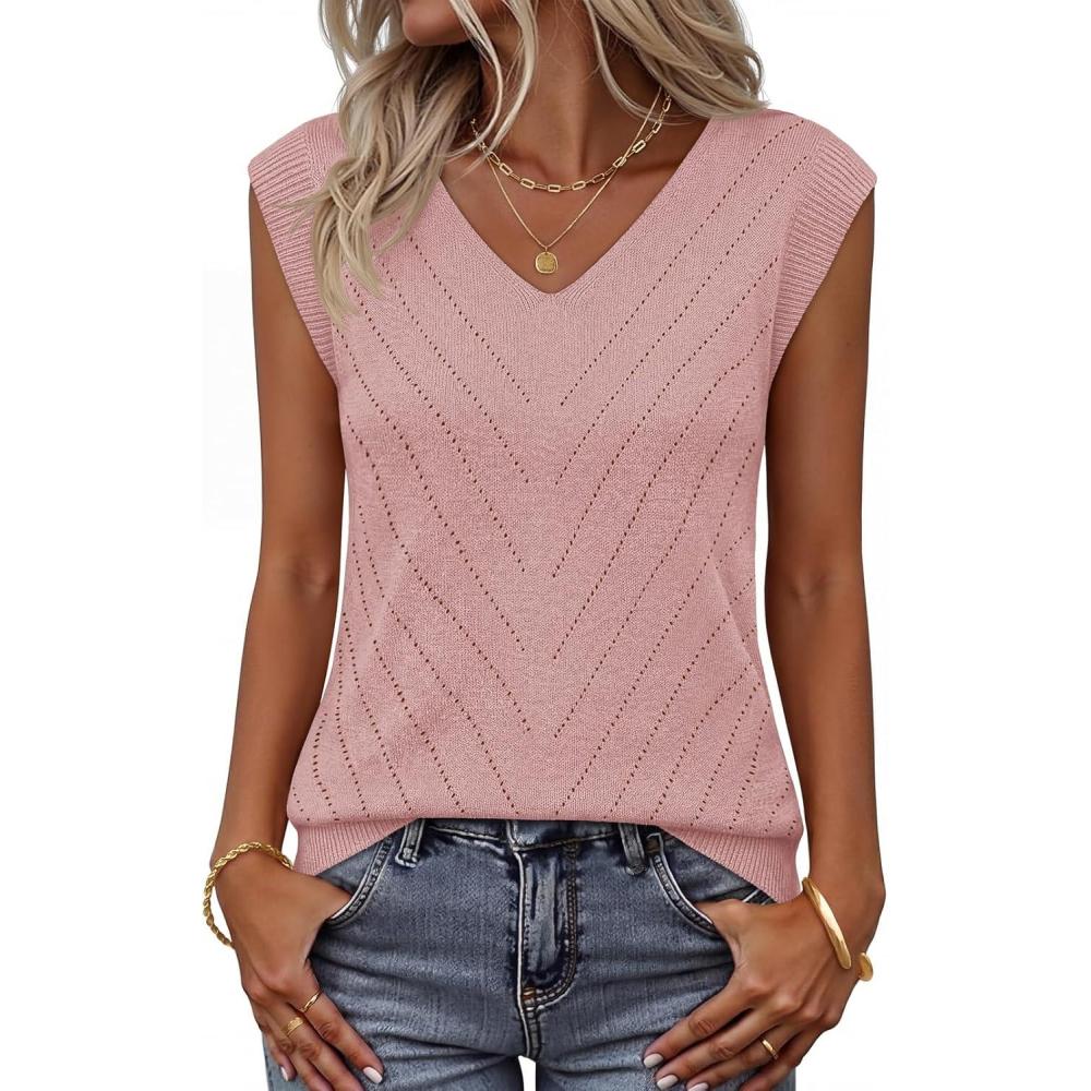imageMEROKEETY Womens Spring Sweater Vest 2026 Summer V Neck Sleeveless Knit Tank Top Business Casual Work Outfit Fashion ClothesPink