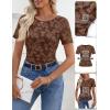MEROKEETY Women’s 2026 Summer Short Sleeve Floral Mesh Top Dressy Casual Crewneck Ruched Fitted T Shirt Blouse Spring Clothes(Brown)