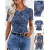 MEROKEETY Women’s 2026 Summer Short Sleeve Floral Mesh Top Dressy Casual Crewneck Ruched Fitted T Shirt Blouse Spring Clothes(Dusty Blue)
